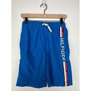Tommy Hilfiger Boys Blue Swim Trunks Size L 16-18 With Logo Stripe & Mesh Lining